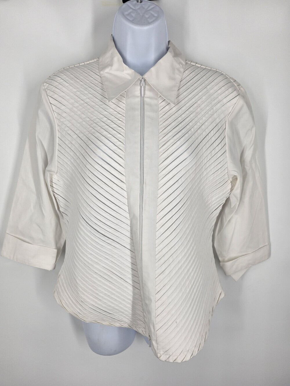 Patchington White Cotton Pintuck Pleated Zip Up Jacket Blouse Medium M